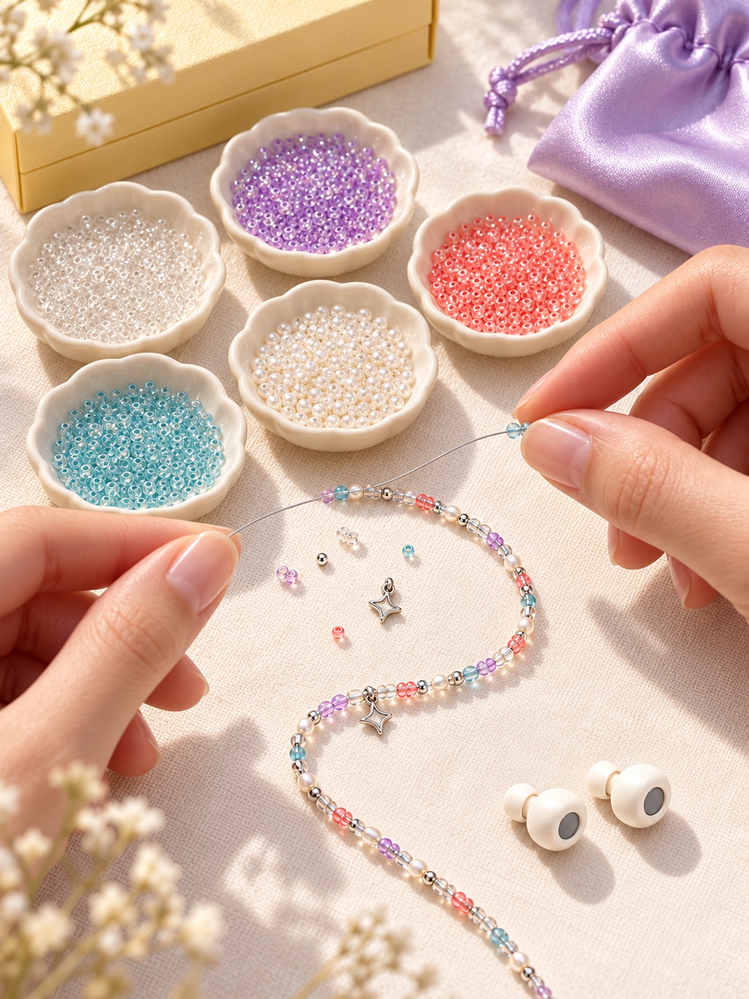 Tiny glass beads and hands threading a Luvlinks kit concept
