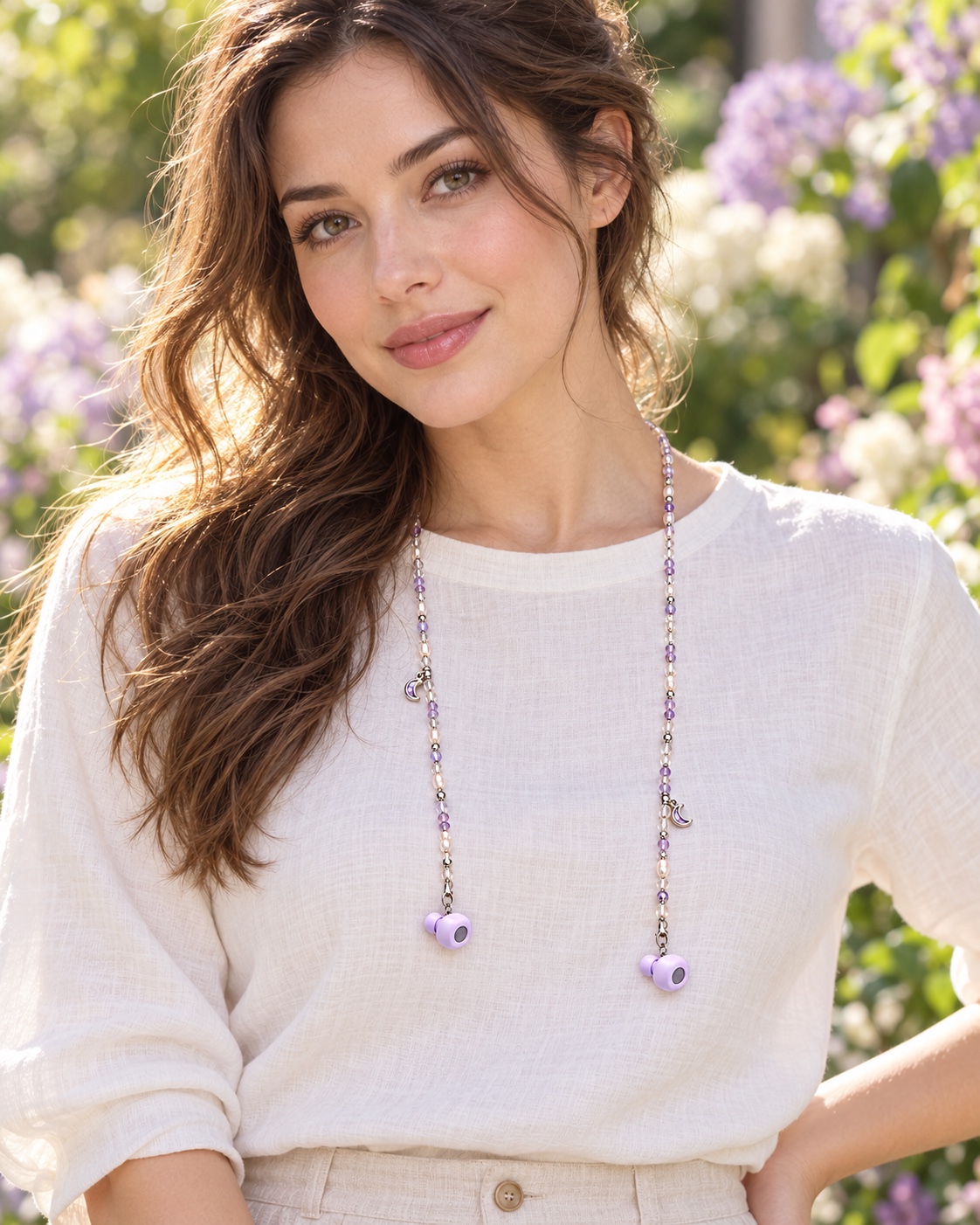 Moonbeam necklace styled over a white linen top. AI concept.