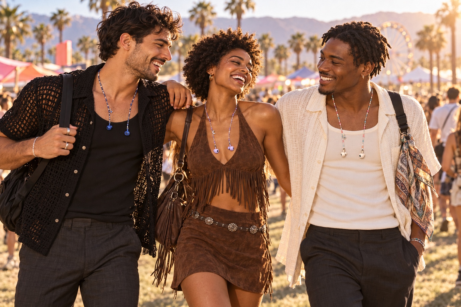 Three adult friends wearing fine beaded earplug necklaces at a festival. Original AI campaign concept.