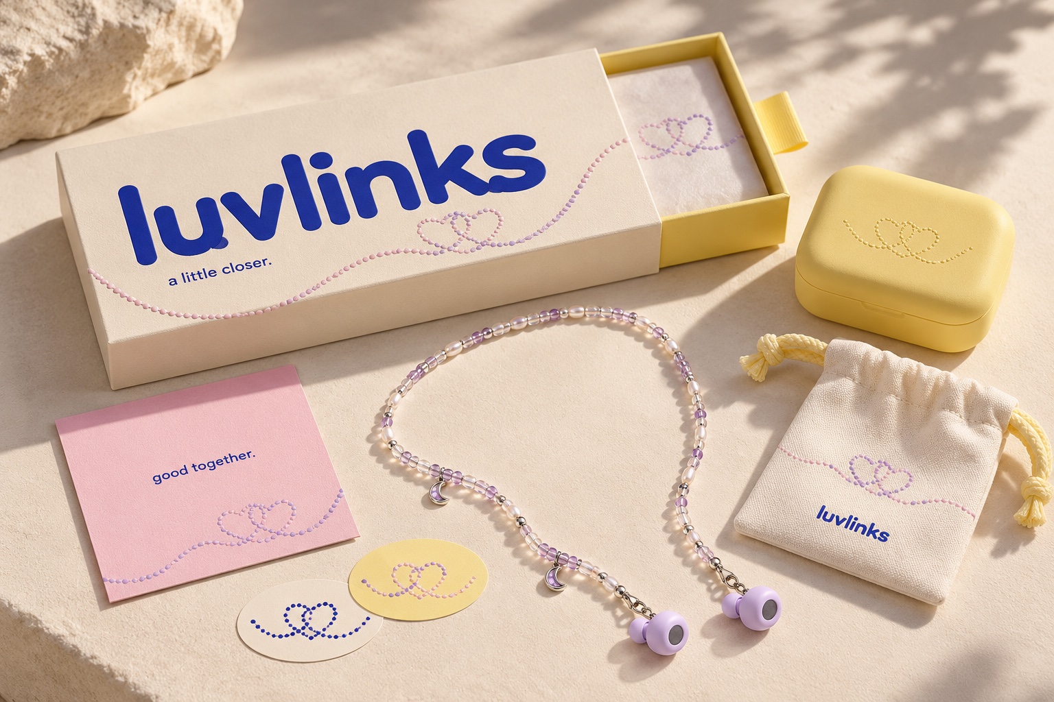Original Luvlinks packaging concept in ivory, butter yellow, petal pink and cobalt.